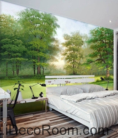 Image of Beautiful dream fresh green lawn forest forest landscape oil painting effect wall art wall decor mural wallpaper wall IDCWP-000125