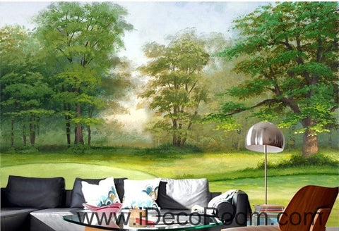 Image of Beautiful dream fresh green lawn forest forest landscape oil painting effect wall art wall decor mural wallpaper wall IDCWP-000125