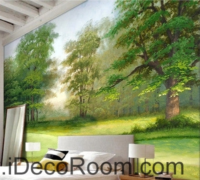 Image of Beautiful dream fresh green lawn forest forest landscape oil painting effect wall art wall decor mural wallpaper wall IDCWP-000125