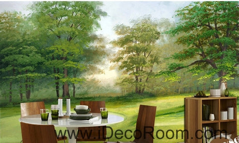 Image of Beautiful dream fresh green lawn forest forest landscape oil painting effect wall art wall decor mural wallpaper wall IDCWP-000125