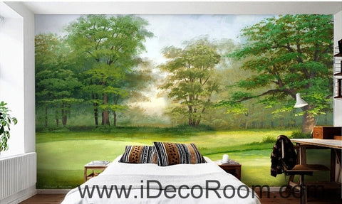Image of Beautiful dream fresh green lawn forest forest landscape oil painting effect wall art wall decor mural wallpaper wall IDCWP-000125