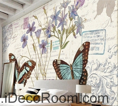 Image of Fresh and beautiful flowers Butterfly Hydrangea English oil painting effect wall art wall decor mural wallpaper wall IDCWP-000127
