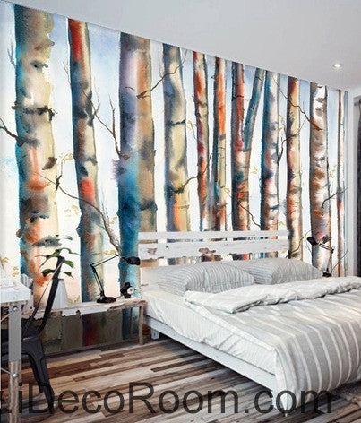 Image of Fantasy fresh light blue white abstract birch forest tree oil painting effect wall art wall decor mural wallpaper wall IDCWP-000129