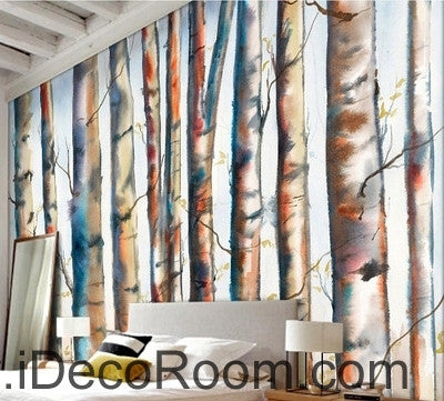 Image of Fantasy fresh light blue white abstract birch forest tree oil painting effect wall art wall decor mural wallpaper wall IDCWP-000129