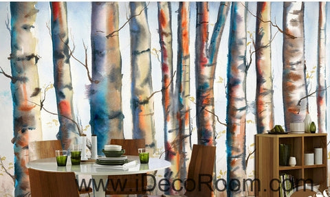 Image of Fantasy fresh light blue white abstract birch forest tree oil painting effect wall art wall decor mural wallpaper wall IDCWP-000129