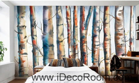 Image of Fantasy fresh light blue white abstract birch forest tree oil painting effect wall art wall decor mural wallpaper wall IDCWP-000129