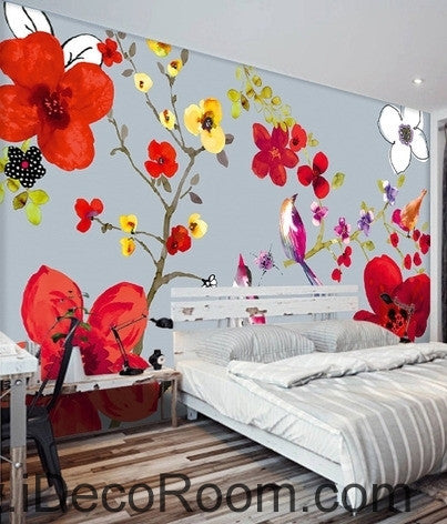 Image of Beautiful and beautiful dream red flowers floral bird magpie oil painting effect wall art wall decor mural wallpaper wall IDCWP-000132