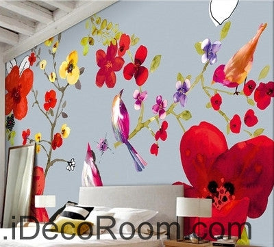 Image of Beautiful and beautiful dream red flowers floral bird magpie oil painting effect wall art wall decor mural wallpaper wall IDCWP-000132