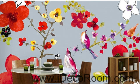 Image of Beautiful and beautiful dream red flowers floral bird magpie oil painting effect wall art wall decor mural wallpaper wall IDCWP-000132