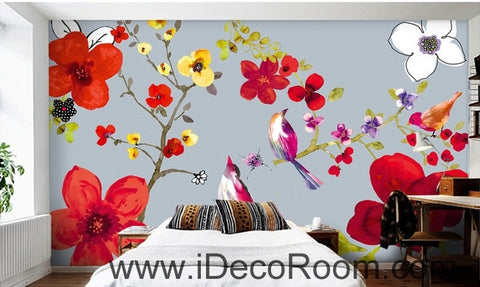 Image of Beautiful and beautiful dream red flowers floral bird magpie oil painting effect wall art wall decor mural wallpaper wall IDCWP-000132