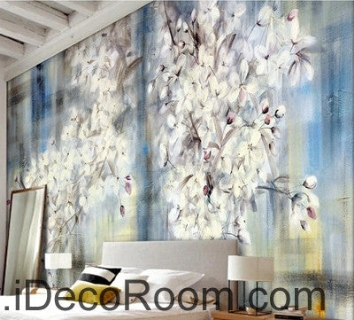 Image of Beautiful fresh blue sky in full bloom white lyrical flower hydrangea wall art wall decor mural wallpaper wall IDCWP-000133