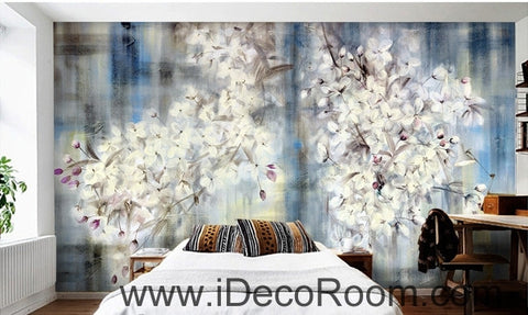 Image of Beautiful fresh blue sky in full bloom white lyrical flower hydrangea wall art wall decor mural wallpaper wall IDCWP-000133