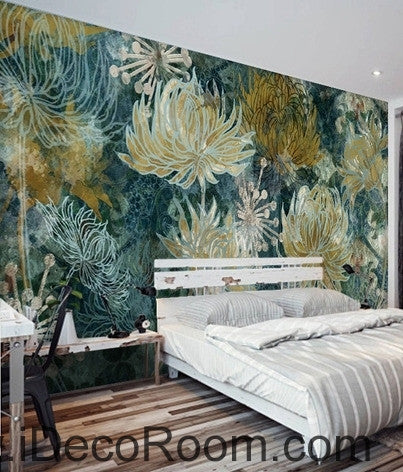 Image of Fantasy fresh blue background white abstract daisies overlapping oil painting effect wall art wall decor mural wallpaper wall IDCWP-000134