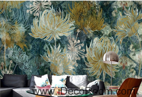 Image of Fantasy fresh blue background white abstract daisies overlapping oil painting effect wall art wall decor mural wallpaper wall IDCWP-000134