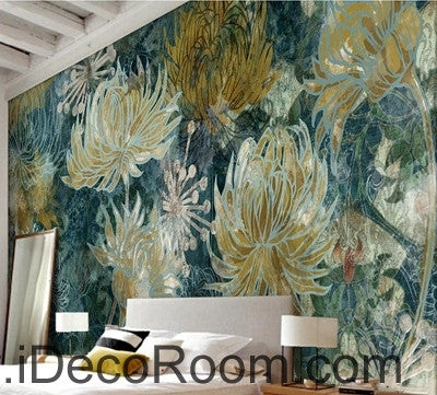 Image of Fantasy fresh blue background white abstract daisies overlapping oil painting effect wall art wall decor mural wallpaper wall IDCWP-000134