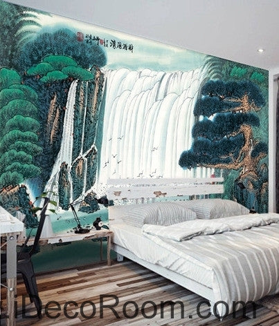 Image of Pine Waterfall Water and Fortune Treasure Basin wall art wall decor mural wallpaper wall IDCWP-000137