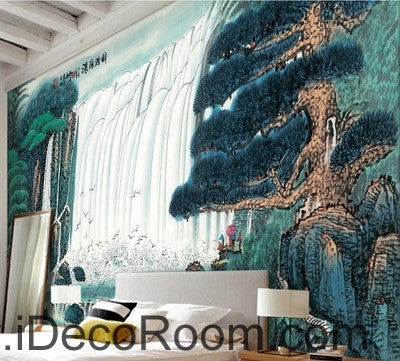 Image of Pine Waterfall Water and Fortune Treasure Basin wall art wall decor mural wallpaper wall IDCWP-000137