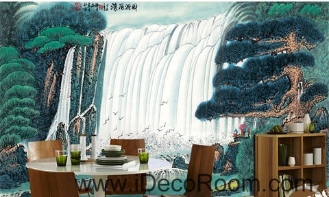 Image of Pine Waterfall Water and Fortune Treasure Basin wall art wall decor mural wallpaper wall IDCWP-000137