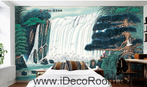 Image of Pine Waterfall Water and Fortune Treasure Basin wall art wall decor mural wallpaper wall IDCWP-000137