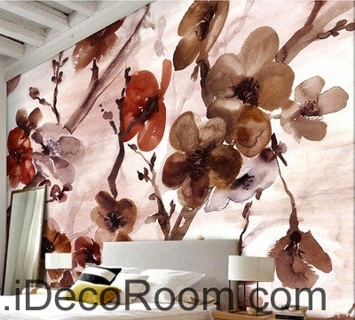 Image of European style retr brown blooming flower painting wall art wall decor mural wallpaper wall IDCWP-000140