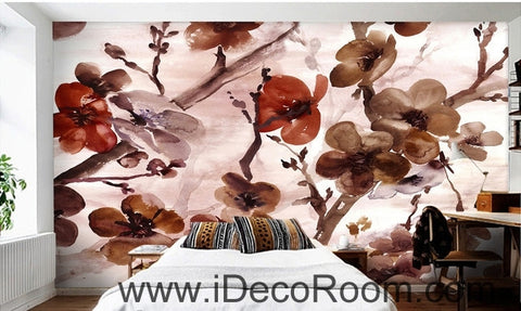 Image of European style retr brown blooming flower painting wall art wall decor mural wallpaper wall IDCWP-000140