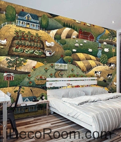 Image of European style retro pastoral scenery pasture animal chicken and sheep oil painting effect wall art wall decor mural wallpaper wall IDCWP-000141