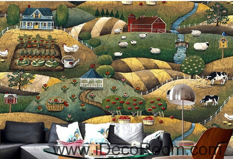 Image of European style retro pastoral scenery pasture animal chicken and sheep oil painting effect wall art wall decor mural wallpaper wall IDCWP-000141