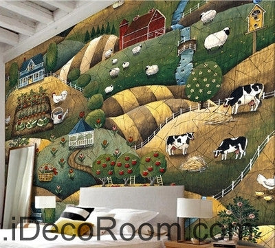 Image of European style retro pastoral scenery pasture animal chicken and sheep oil painting effect wall art wall decor mural wallpaper wall IDCWP-000141