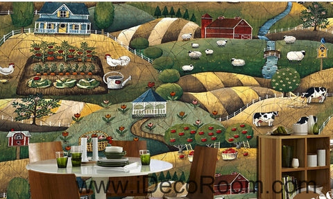 Image of European style retro pastoral scenery pasture animal chicken and sheep oil painting effect wall art wall decor mural wallpaper wall IDCWP-000141