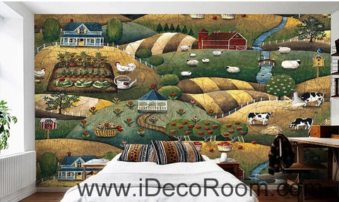 Image of European style retro pastoral scenery pasture animal chicken and sheep oil painting effect wall art wall decor mural wallpaper wall IDCWP-000141