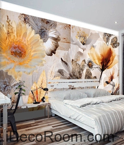 Image of European retro retro light yellow flower daisy oil painting effect wall art wall decor mural wallpaper wall IDCWP-000143