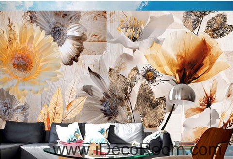 Image of European retro retro light yellow flower daisy oil painting effect wall art wall decor mural wallpaper wall IDCWP-000143