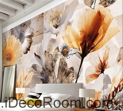 Image of European retro retro light yellow flower daisy oil painting effect wall art wall decor mural wallpaper wall IDCWP-000143