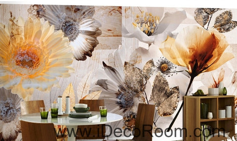 Image of European retro retro light yellow flower daisy oil painting effect wall art wall decor mural wallpaper wall IDCWP-000143