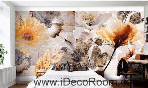 Image of European retro retro light yellow flower daisy oil painting effect wall art wall decor mural wallpaper wall IDCWP-000143