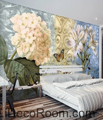 Image of European - style beautiful fresh blue - bottomed pattern Hydrangea lily wall art wall decor mural wallpaper wall IDCWP-000146
