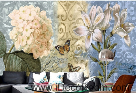 Image of European - style beautiful fresh blue - bottomed pattern Hydrangea lily wall art wall decor mural wallpaper wall IDCWP-000146