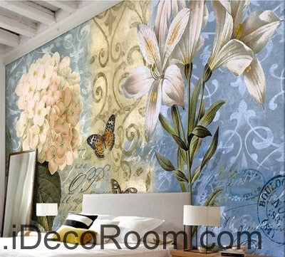 Image of European - style beautiful fresh blue - bottomed pattern Hydrangea lily wall art wall decor mural wallpaper wall IDCWP-000146