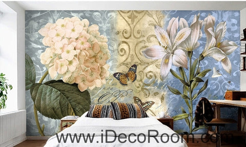 Image of European - style beautiful fresh blue - bottomed pattern Hydrangea lily wall art wall decor mural wallpaper wall IDCWP-000146