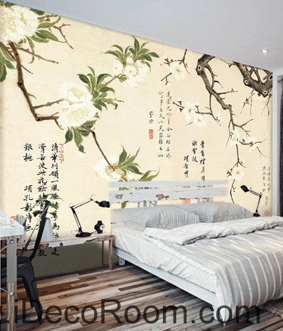 Image of Retro branches white flowers calligraphy painting oil painting effect wall art wall decor mural wallpaper wall IDCWP-000153