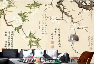 Retro branches white flowers calligraphy painting oil painting effect wall art wall decor mural wallpaper wall  IDCWP-000153