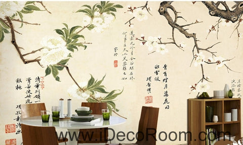 Image of Retro branches white flowers calligraphy painting oil painting effect wall art wall decor mural wallpaper wall IDCWP-000153
