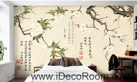 Image of Retro branches white flowers calligraphy painting oil painting effect wall art wall decor mural wallpaper wall IDCWP-000153