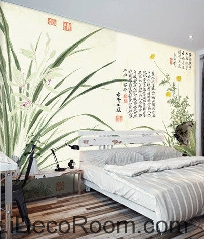 Image of Fantasy fresh orchid leaves calligraphy daisy painting Chinese wall art wall decor mural wallpaper wall IDCWP-000154