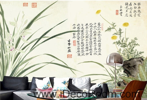 Image of Fantasy fresh orchid leaves calligraphy daisy painting Chinese wall art wall decor mural wallpaper wall IDCWP-000154
