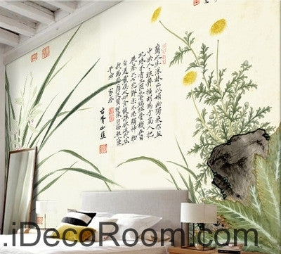 Image of Fantasy fresh orchid leaves calligraphy daisy painting Chinese wall art wall decor mural wallpaper wall IDCWP-000154