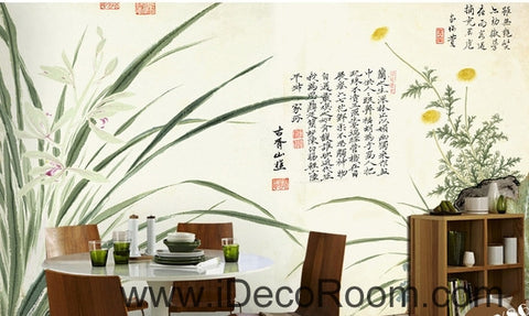 Image of Fantasy fresh orchid leaves calligraphy daisy painting Chinese wall art wall decor mural wallpaper wall IDCWP-000154