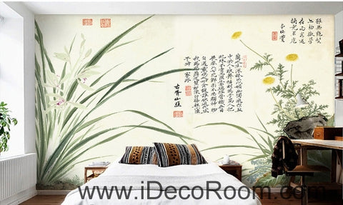 Image of Fantasy fresh orchid leaves calligraphy daisy painting Chinese wall art wall decor mural wallpaper wall  IDCWP-000154