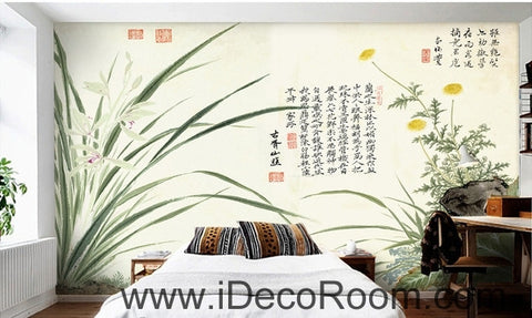 Image of Fantasy fresh orchid leaves calligraphy daisy painting Chinese wall art wall decor mural wallpaper wall IDCWP-000154