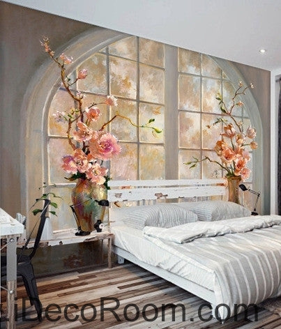 Image of Beautiful dream round windowsill pink flower vase painting wall art wall decor mural wallpaper wall IDCWP-000155